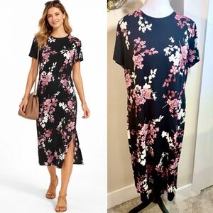 J. Jill Wearever Floral Stretch Knit Midi Dress Crew Neck Short Sleeve Sz M💚